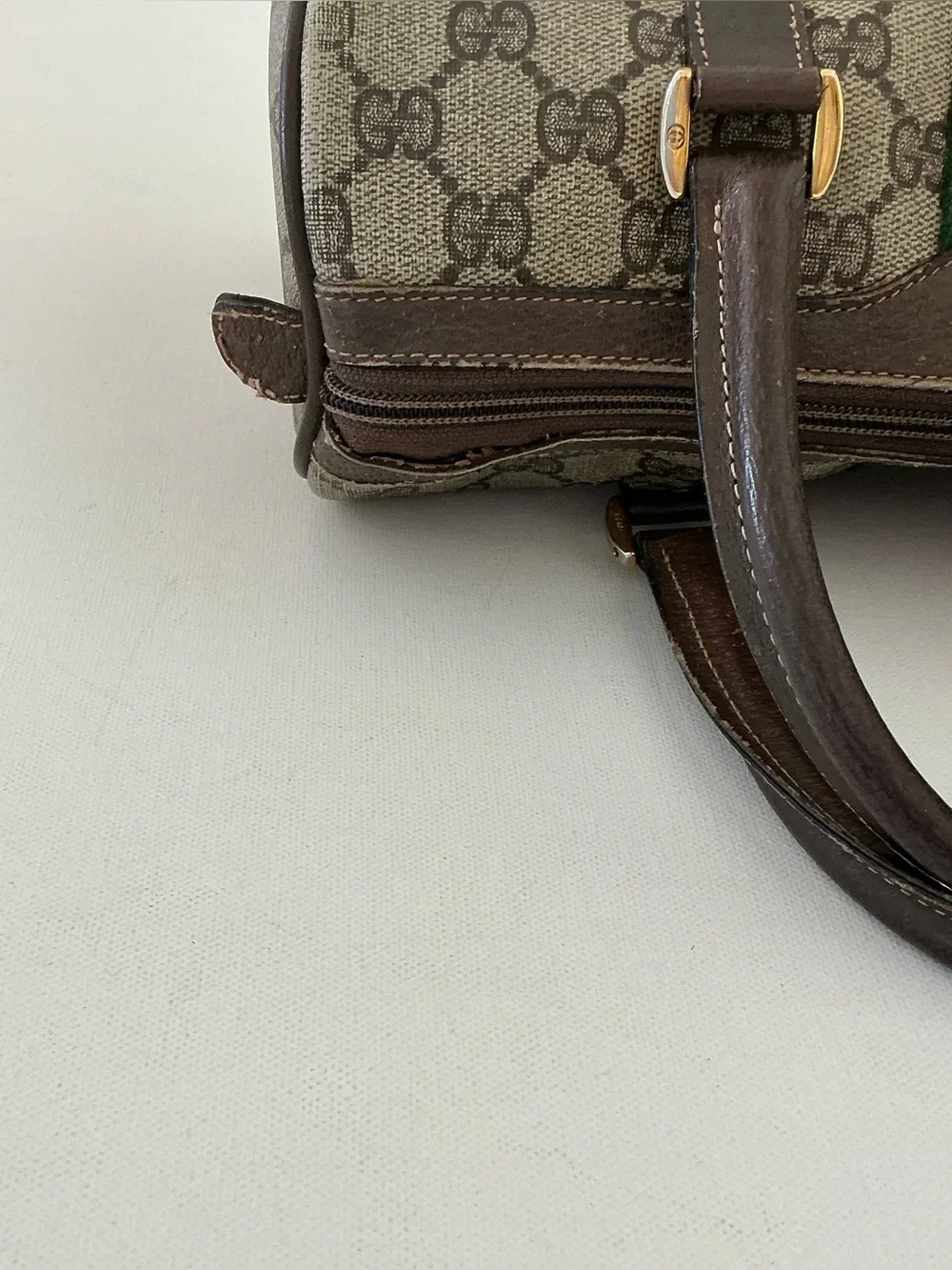 Gucci Vintage GG Supreme Boston Bag Web Stripe Satchel Brown Monogram - Picture 15 of 16